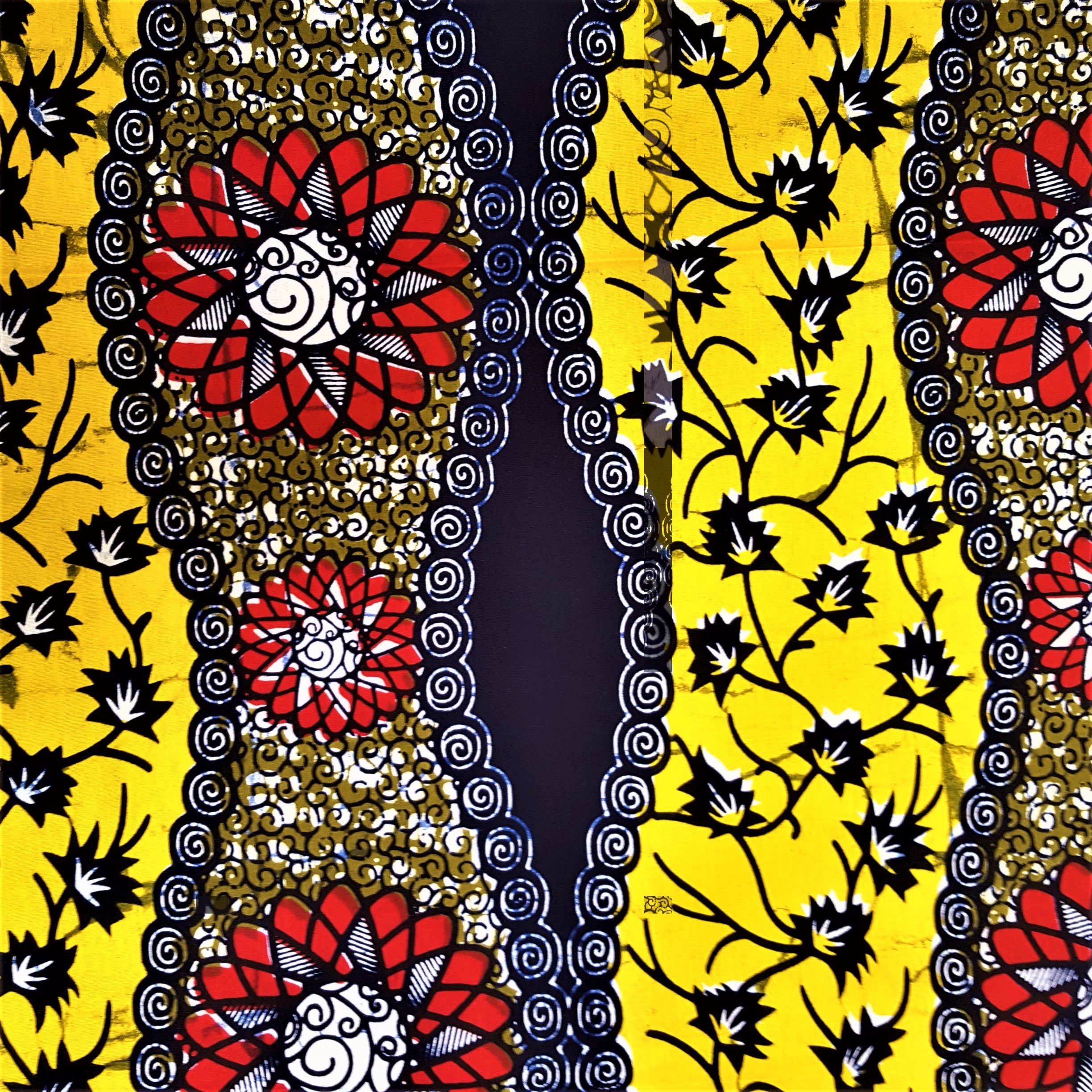 Tissu Wax africain N° 205 Bleu marine Motifs africain Rouges, jaunes et verts