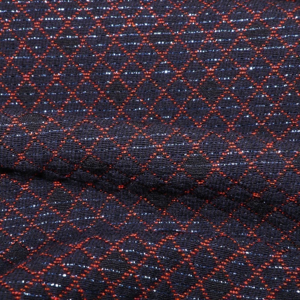 Tissu Gianni Jacquard Lurex Léger Marine Losanges Rouges