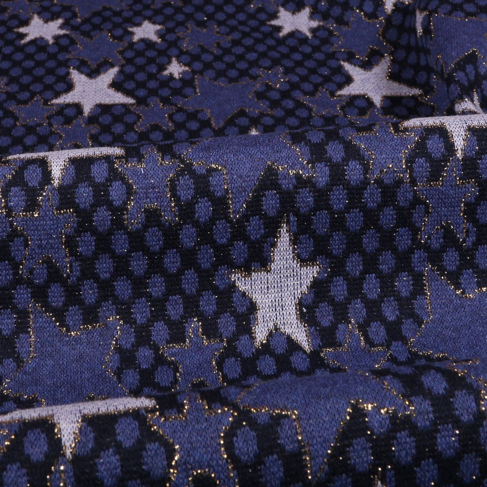Tissu Gianni Maille Lurex Bleu marine Etoiles et pois Blanches et pervenche