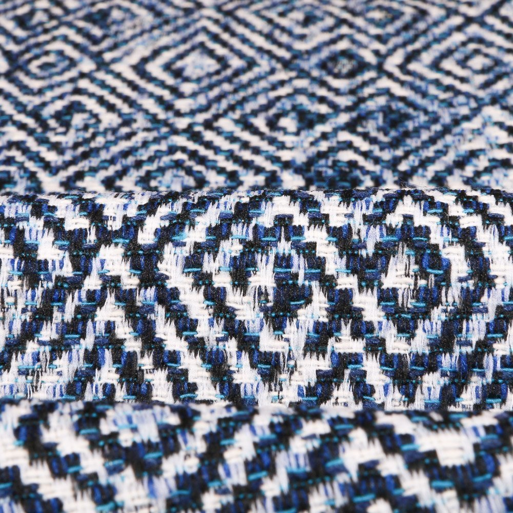 Tissu Gianni Jacquard tâche Bleu Ethnique losanges Blancs