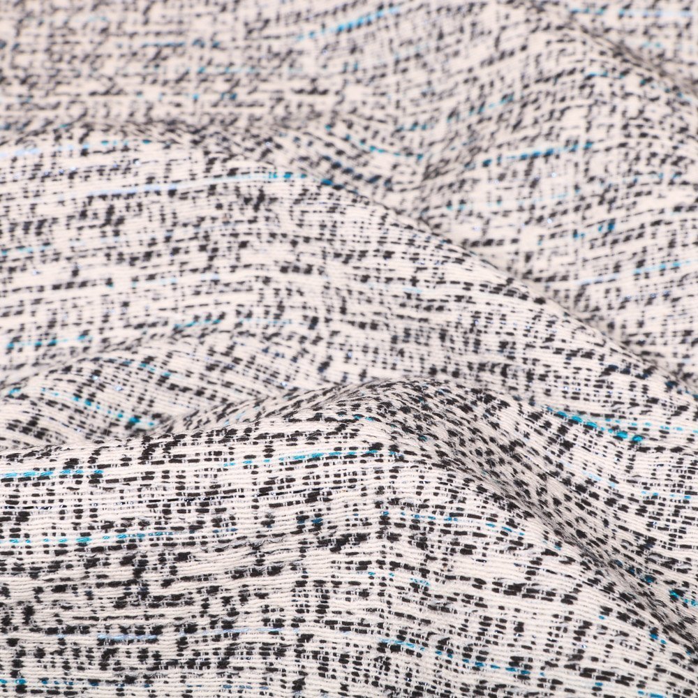 Tissu Gianni Tweed Léger Lurex Blanc Traits Noirs et turquoise