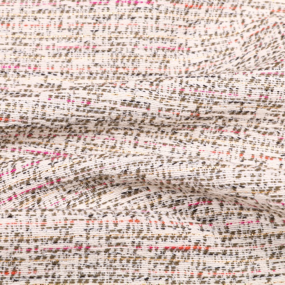Tissu Gianni Tweed Lurex Léger Ecru Traits Fuschia et oranges