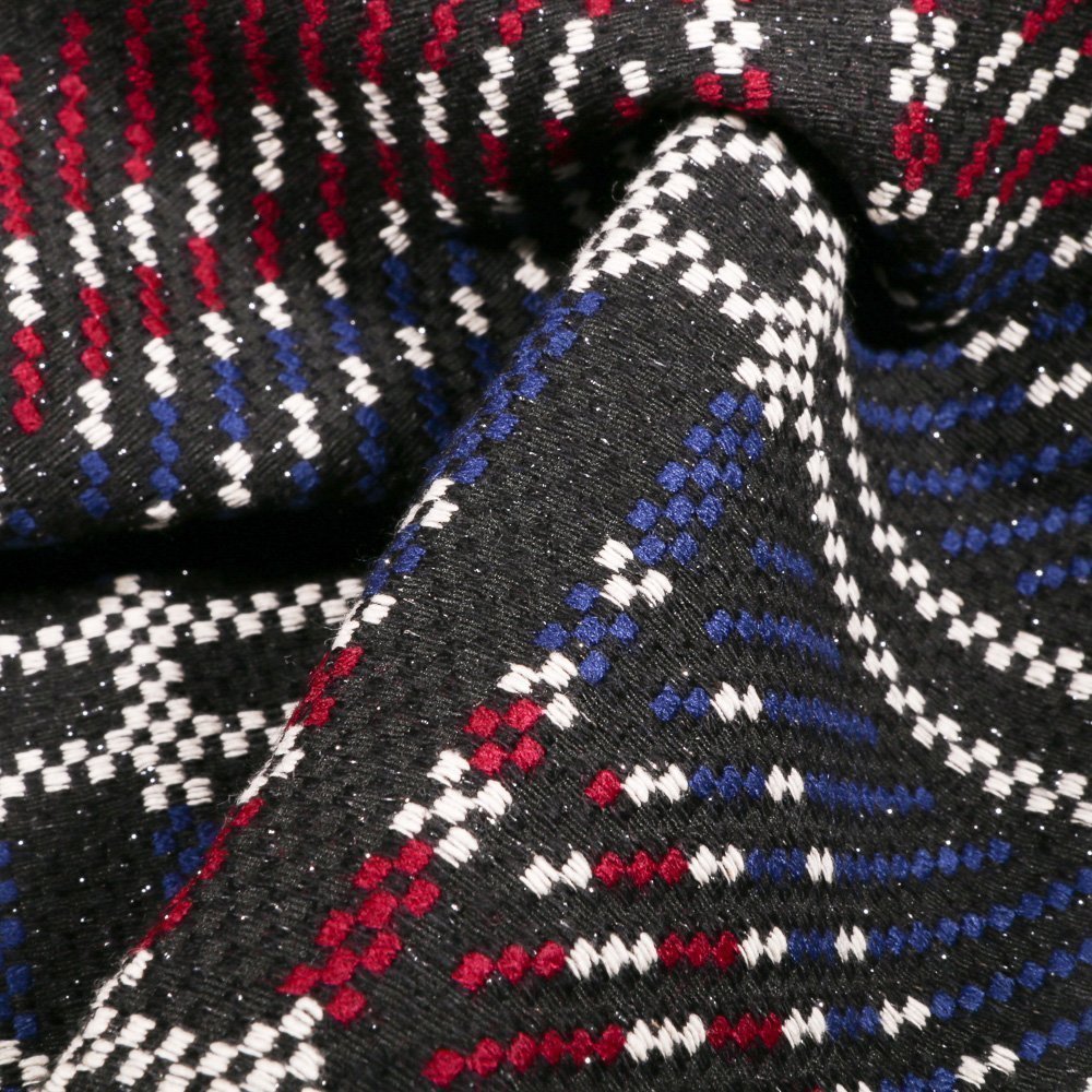 Tissu Gianni Jacquard Lainage Lurex Carrés Bleus, blancs et rouges