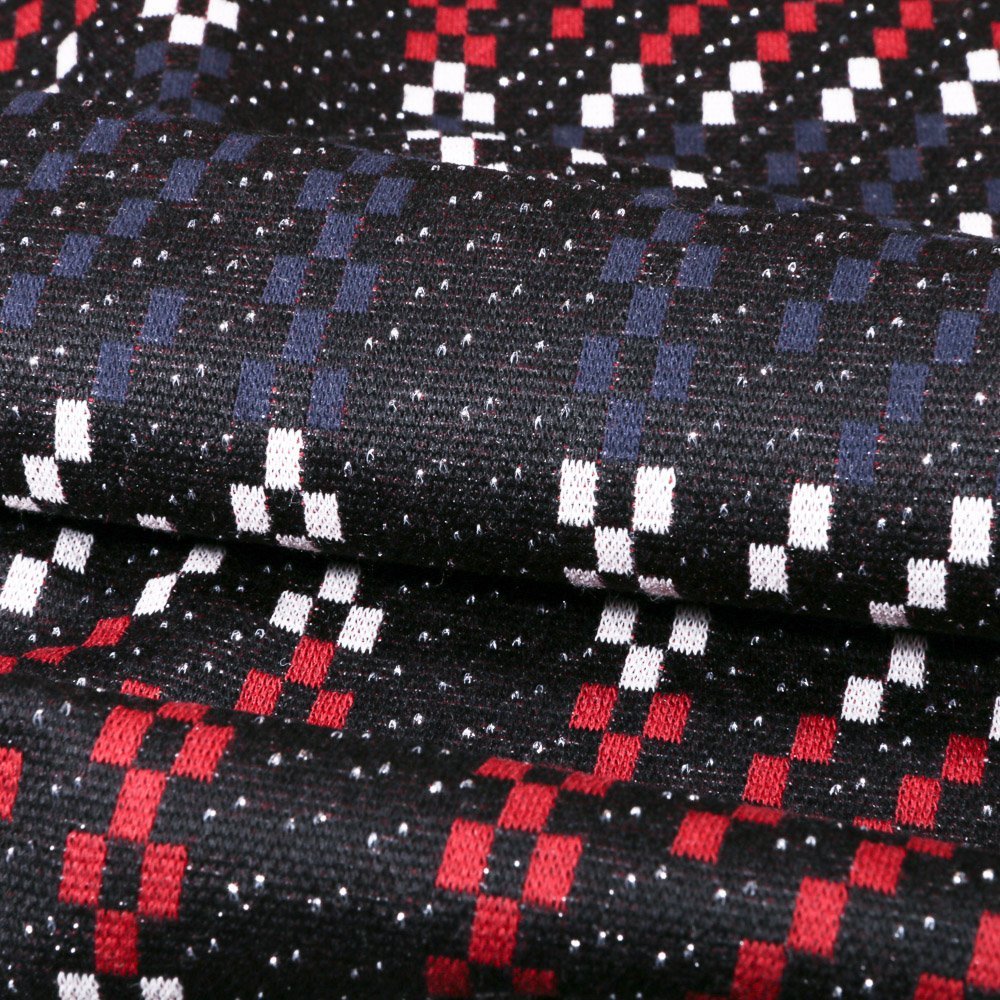 Tissu Gianni Maille Extensible Strass Noir Carrés Rouges et bleus