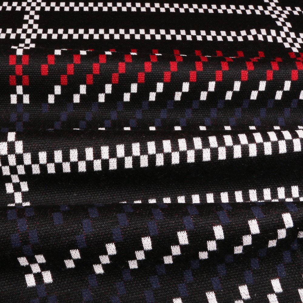Tissu Gianni Maille Extensible Noir Carrés Rouges et bleus