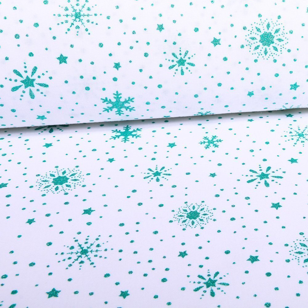 Tissu Coton Imprimé Arty Blanc Etoiles de Noël et flocons Verts