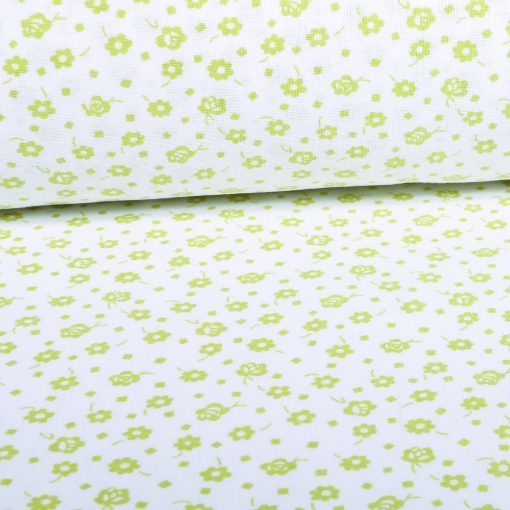 Tissu Coton Imprimé Arty Blanc Fleurs Vert anis