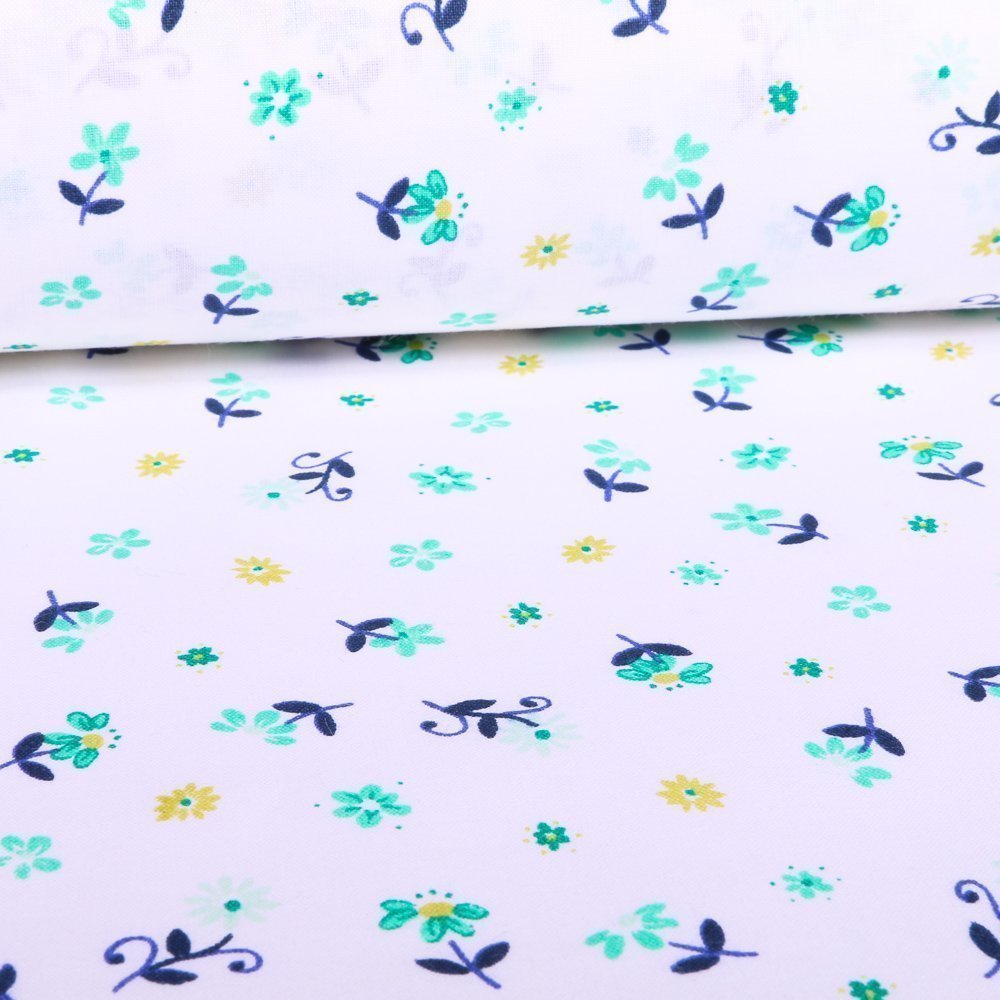 Tissu Coton Imprimé Arty Blanc Fleurs Bleues, jaunes et vertes