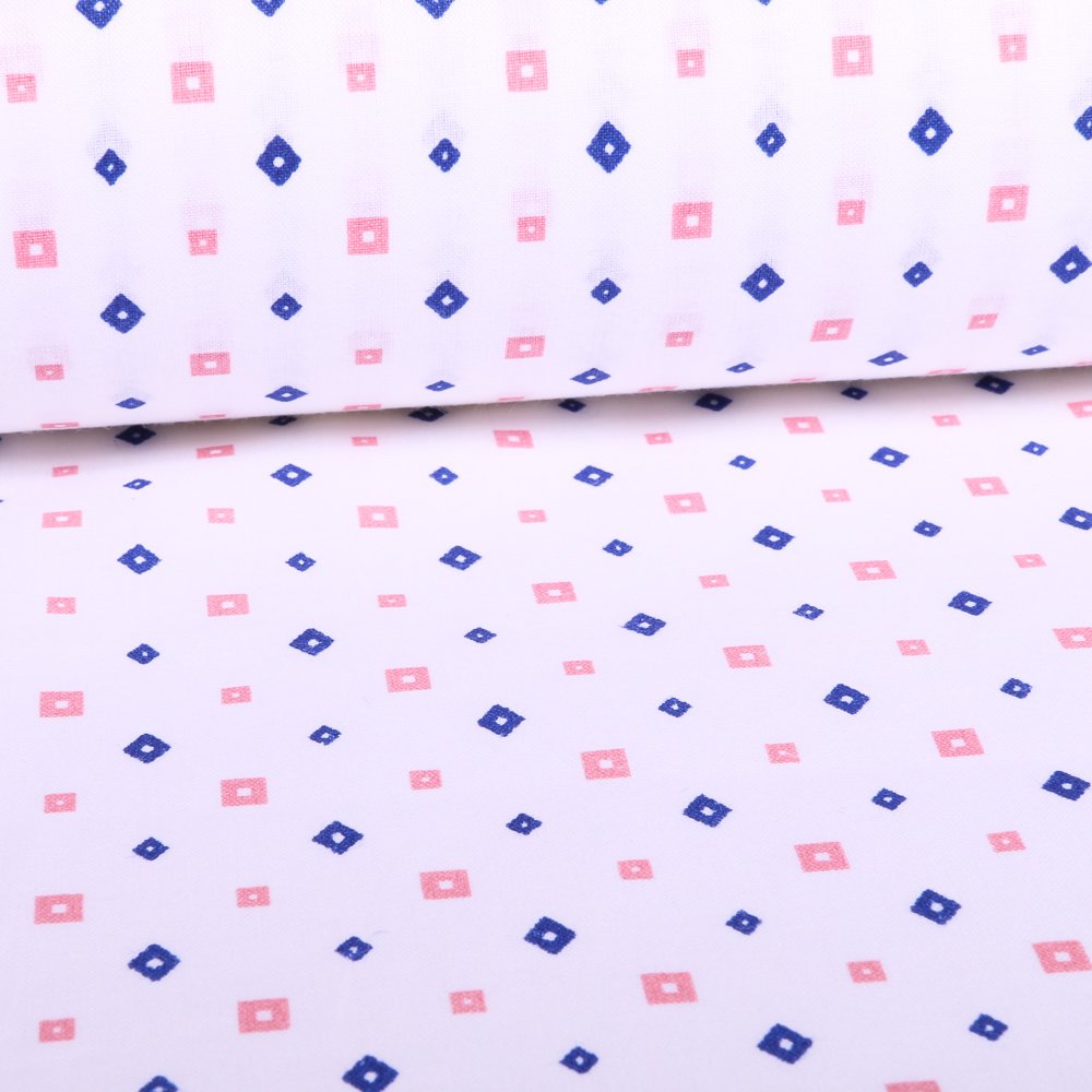 Tissu Coton Imprimé Arty Blanc Carrés et losanges Bleus et roses