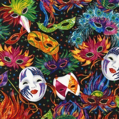 Tissu Robert Kaufman Celebrations 3 Mardi Gras Masks Black