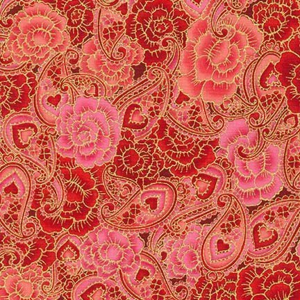 Tissu Robert Kaufman Sweetheart Metallics Floral Paisley Rouge