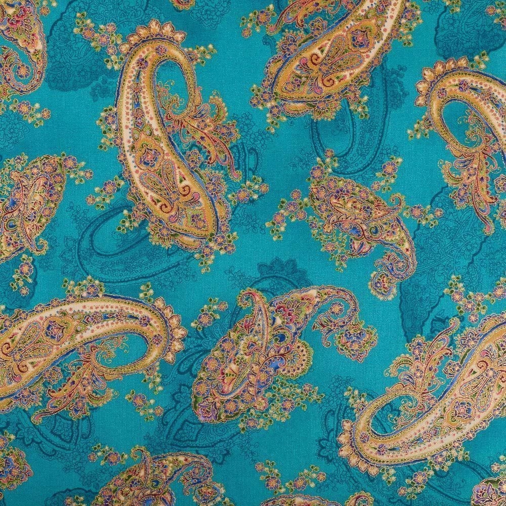 Tissu Robert Kaufman La Scala Bleu vert Arabesques Or