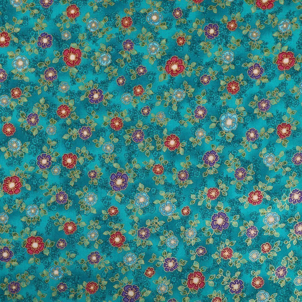 Tissu Robert Kaufman La Scala Bleu vert Fleurs Violettes et rouges