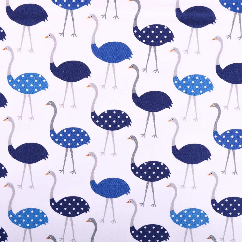 Tissu Robert Kaufman Whiskers & Tails Blanc Autruches Bleues