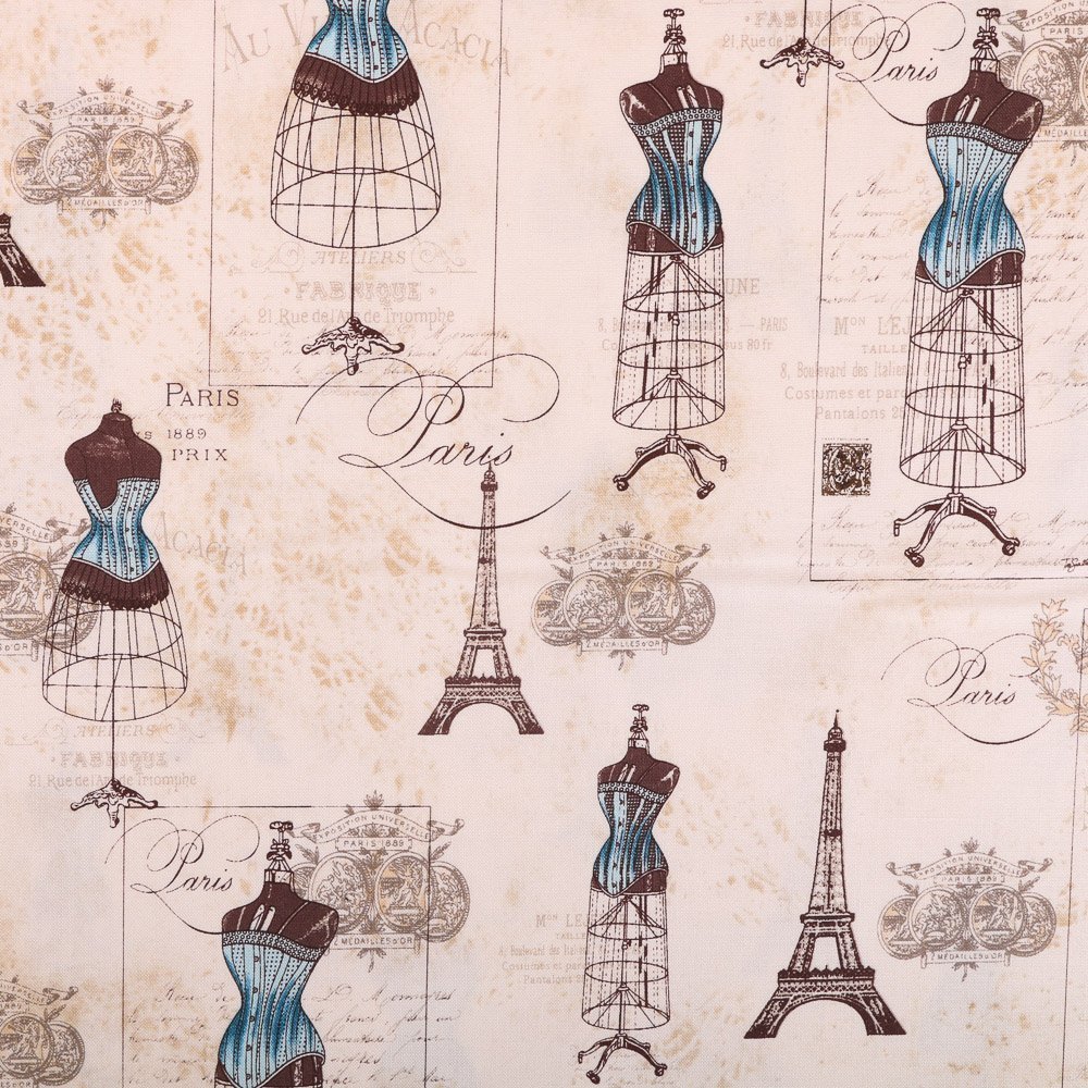 Tissu Robert Kaufman City of Lights Beige Mannequin de couture Marrons et bleus