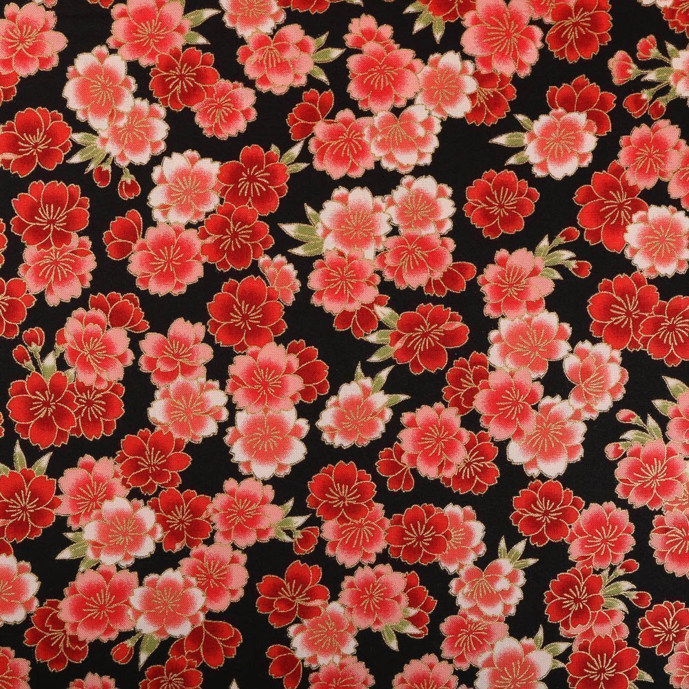 Tissu Robert Kaufman Impérial Collection Noir Fleurs Rouges