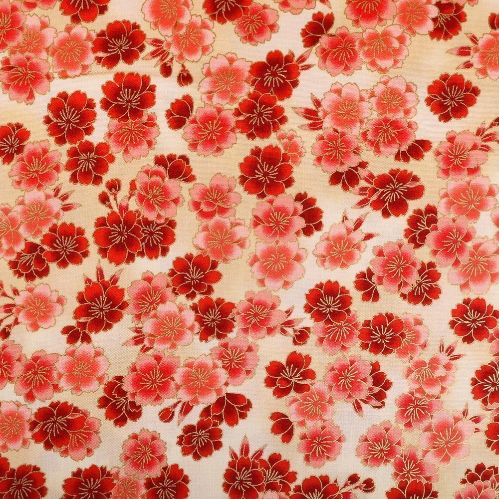 Tissu Robert Kaufman Impérial Collection Ecru Fleurs Rouges