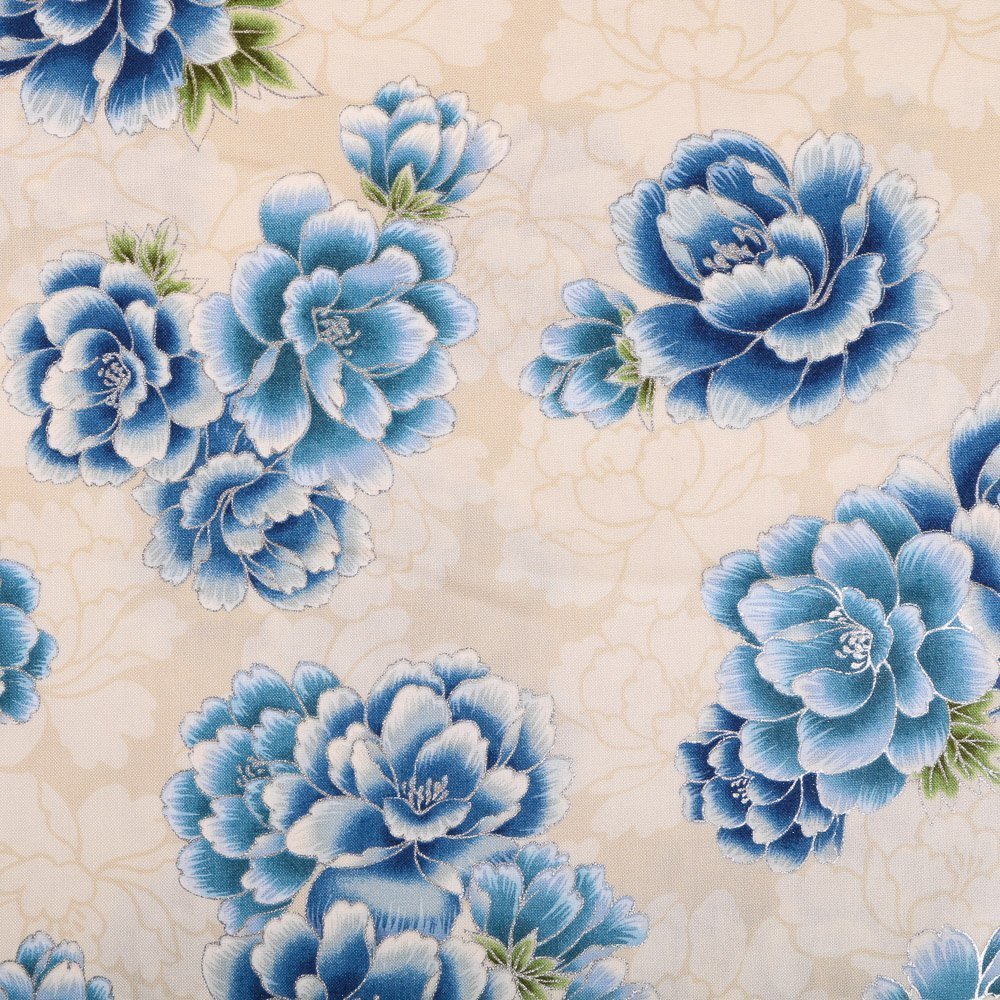 Tissu Robert Kaufman Imperial Collection Beige Grosses fleurs Bleues
