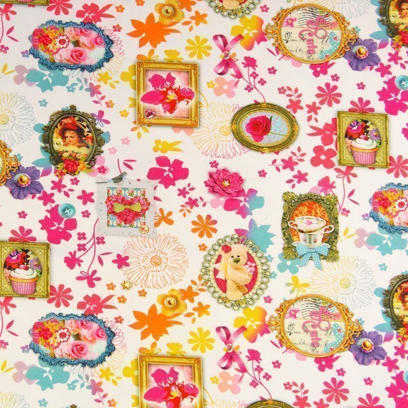 Tissu Jersey Blanc Fleurs et portraits