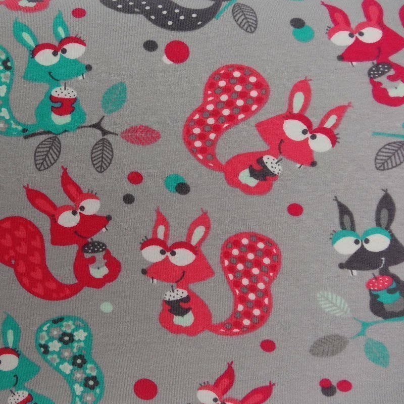 Tissu Jersey Coton Gris pierre Ecureuils Verts Roses Gris