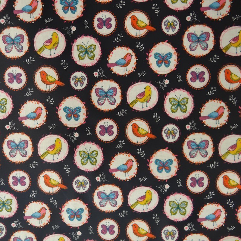 Tissu Enduit Bleu marine Oiseaux