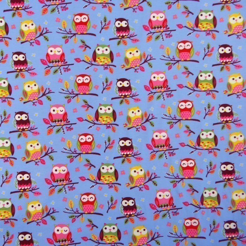 Tissu Jersey Bleu Hiboux