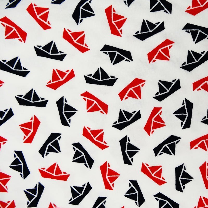 Tissu Jersey Coton Blanc Bateaux Marine et Rouge