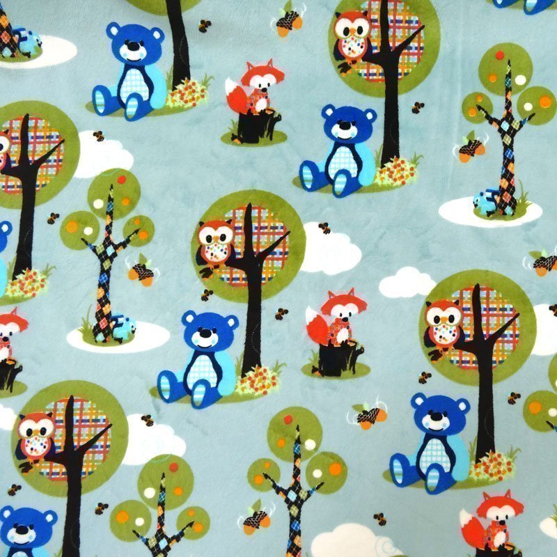 Tissu Minky Ultra doux Happy Forest Bleu ciel