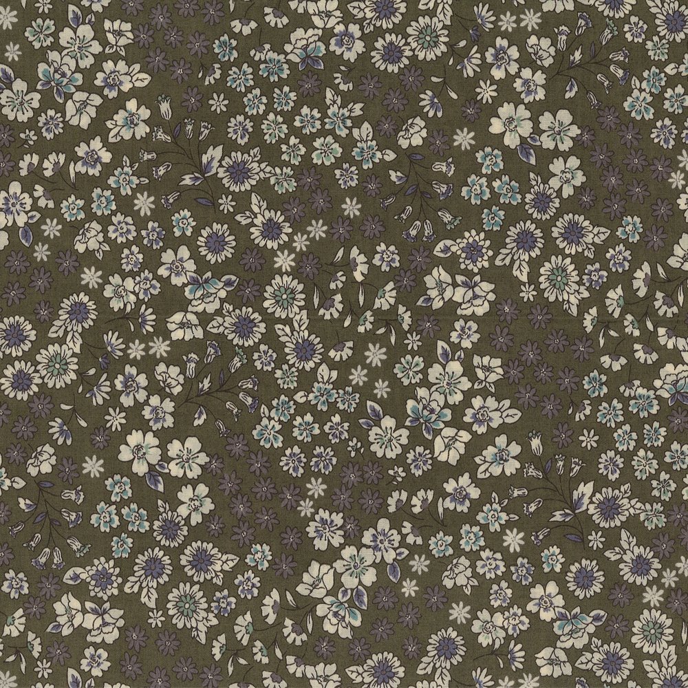 Tissu Coton Frou-Frou Fleuri N°3 Kaki et ecru