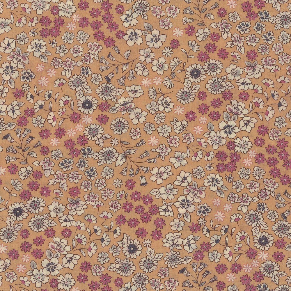 Tissu Coton Frou-Frou Fleuri N°4 Pêche et ecru