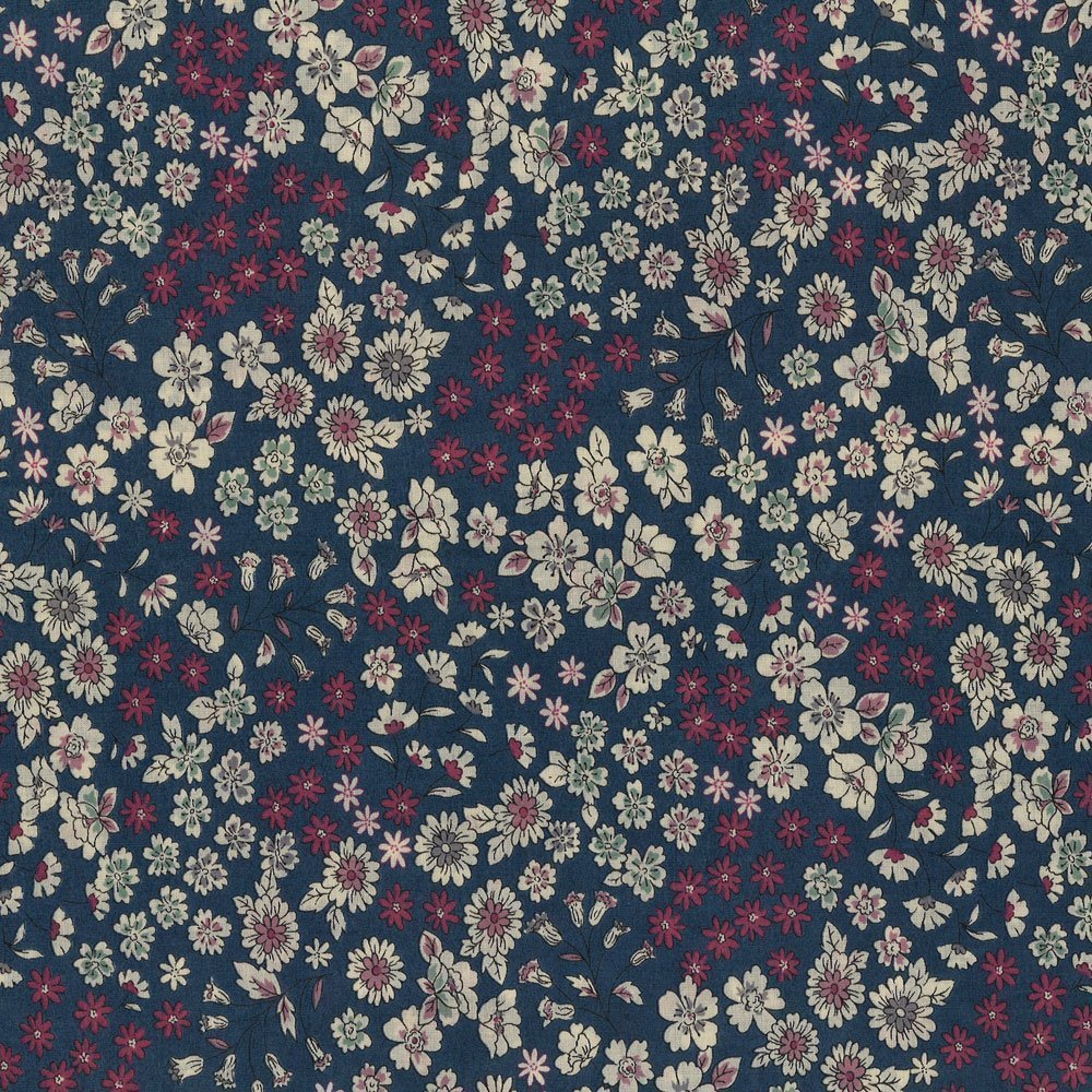 Tissu Coton Frou-Frou Fleuri N°7 Bleu foncé et ecru