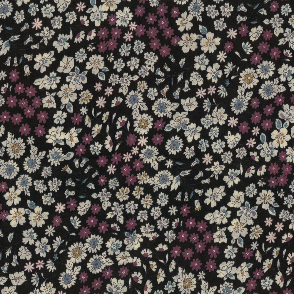 Tissu Coton Frou-Frou Fleuri N°9 Noir et ecru