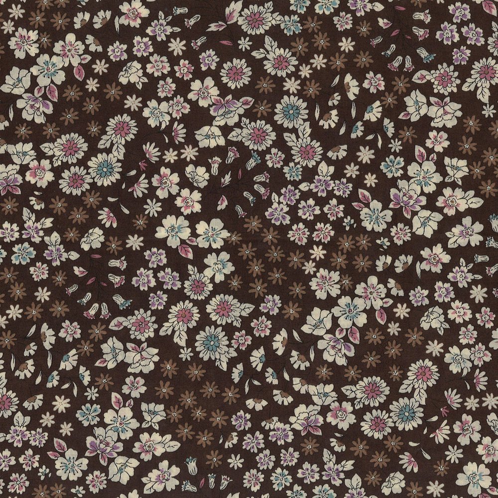 Tissu Coton Frou-Frou Fleuri N°10 Marron et ecru