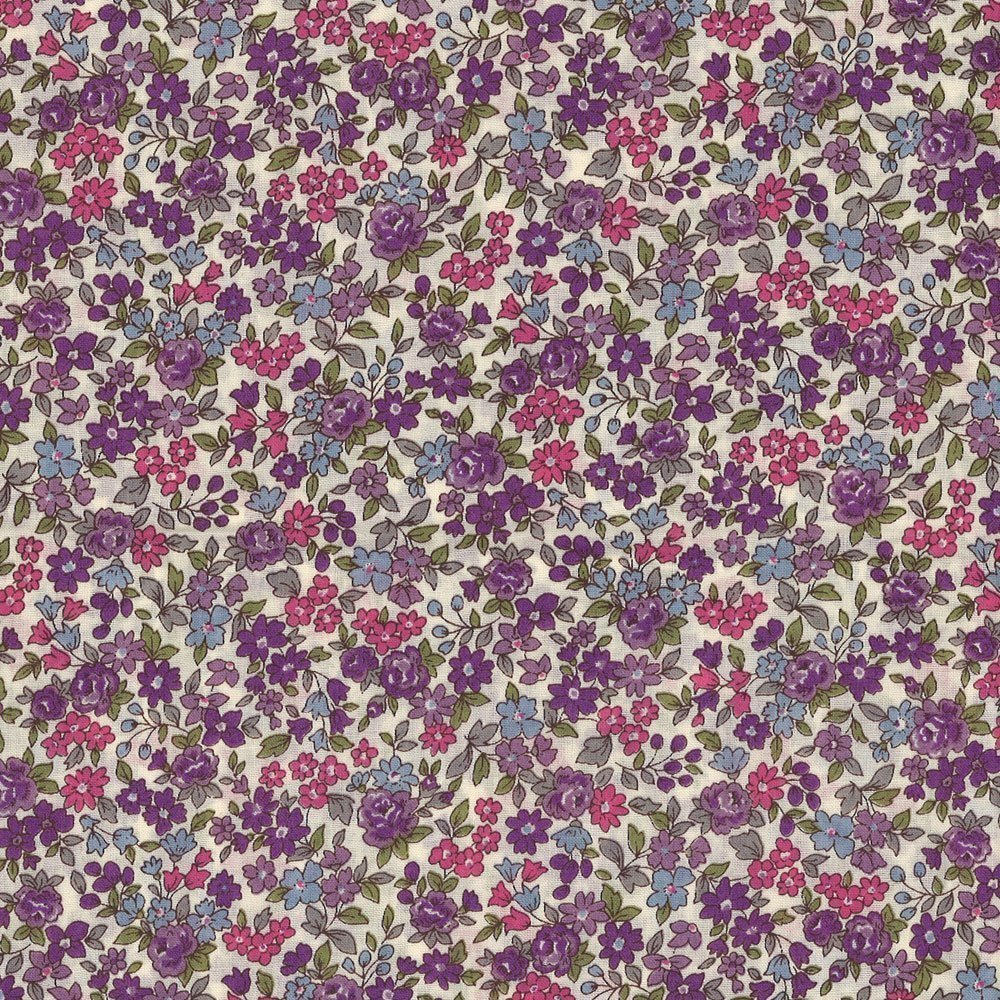 Tissu Coton Frou-Frou Fleuri N°11 Ecru et violet