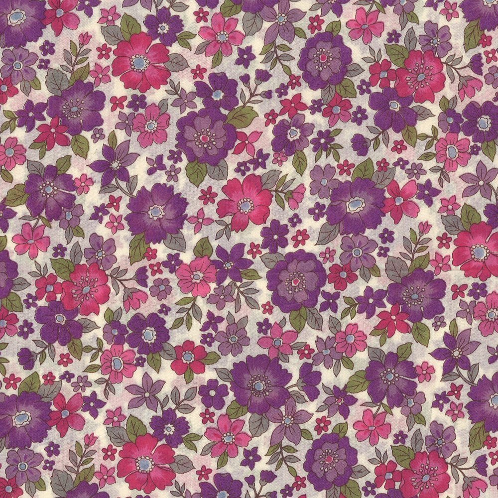 Tissu Coton Frou-Frou Fleuri N°12 Ecru et violet