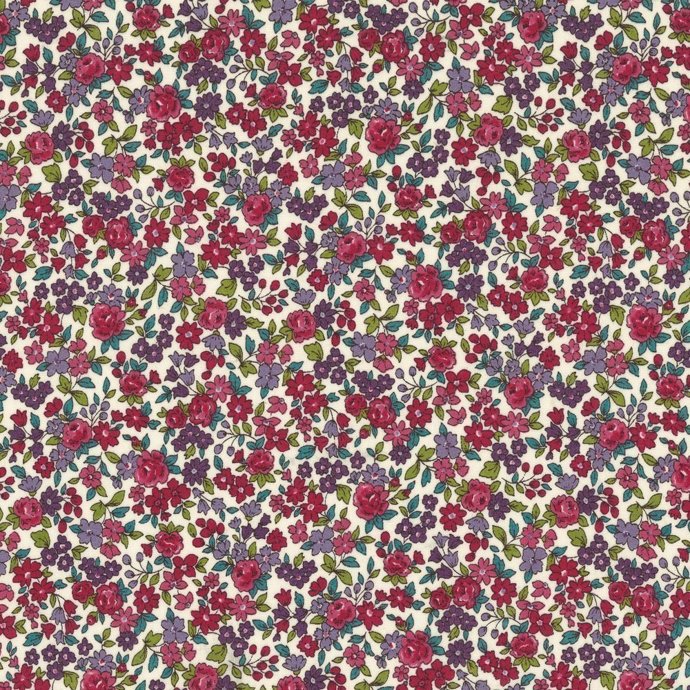 Tissu Coton Frou-Frou Fleuri N°13 Ecru et framboise