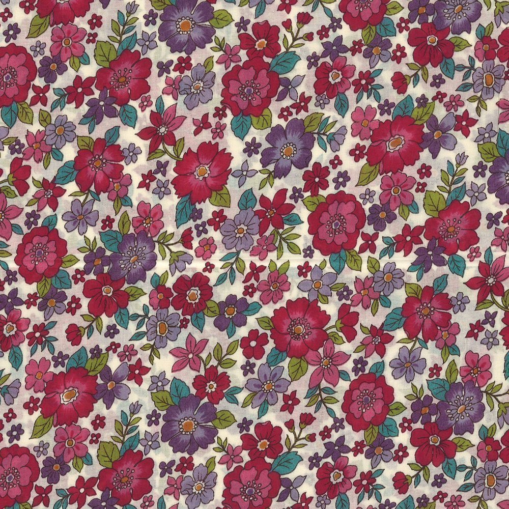 Tissu Coton Frou-Frou Fleuri N°14 Ecru, framboise et violet