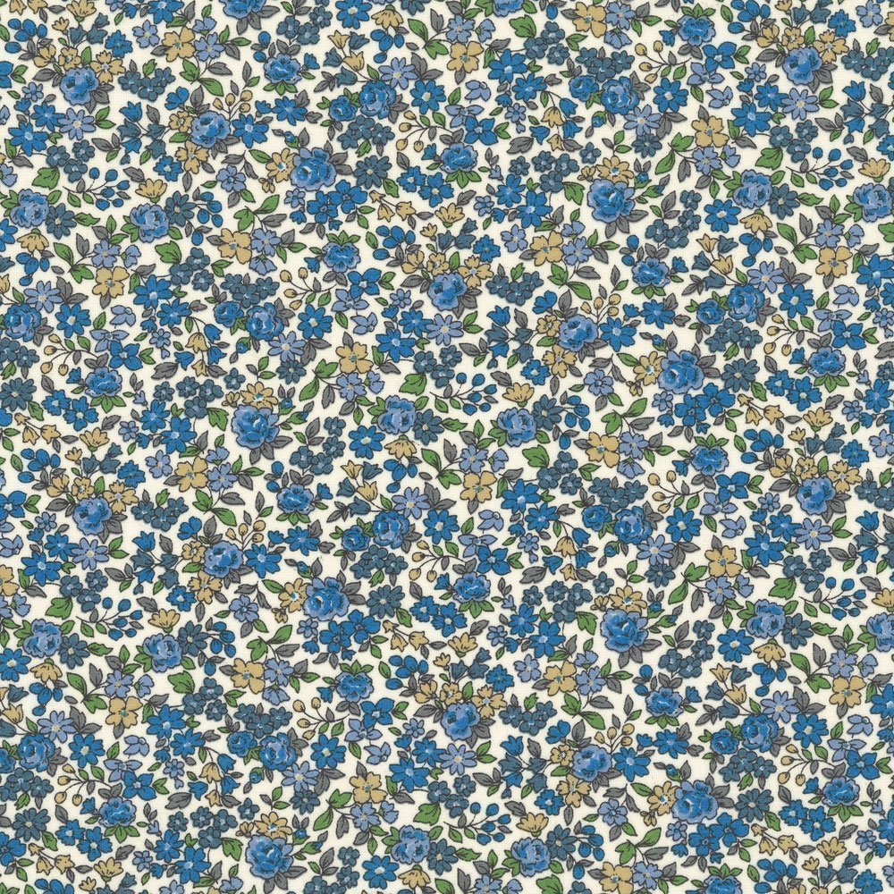 Tissu Coton Frou-Frou Fleuri N°15 Ecru et bleu