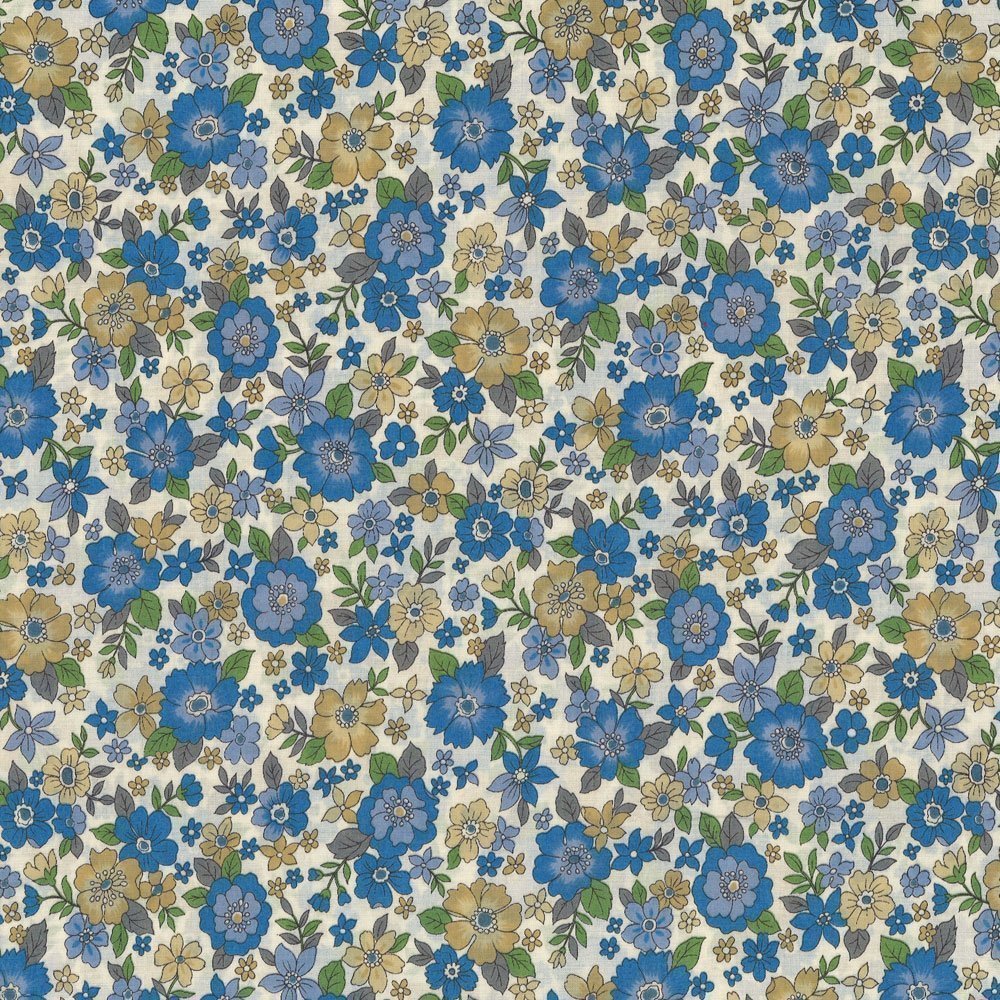 Tissu Coton Frou-Frou Fleuri N°16 Ecru et bleu