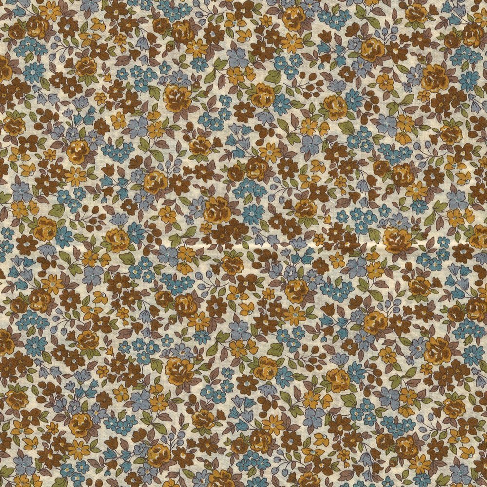 Tissu Coton Frou-Frou Fleuri N°17 Ecru et marron