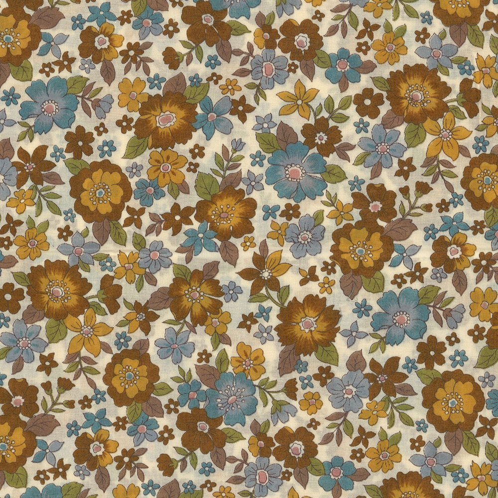 Tissu Coton Frou-Frou Fleuri N°18 Ecru et marron