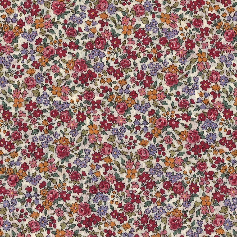 Tissu Coton Frou-Frou Fleuri N°19 Ecru et framboise
