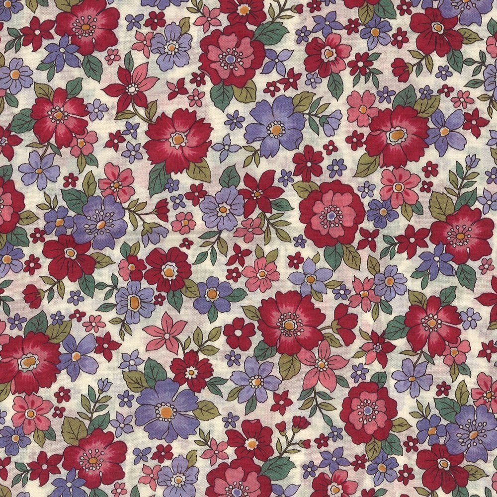 Tissu Coton Frou-Frou Fleuri N°20 Ecru, framboise et parme