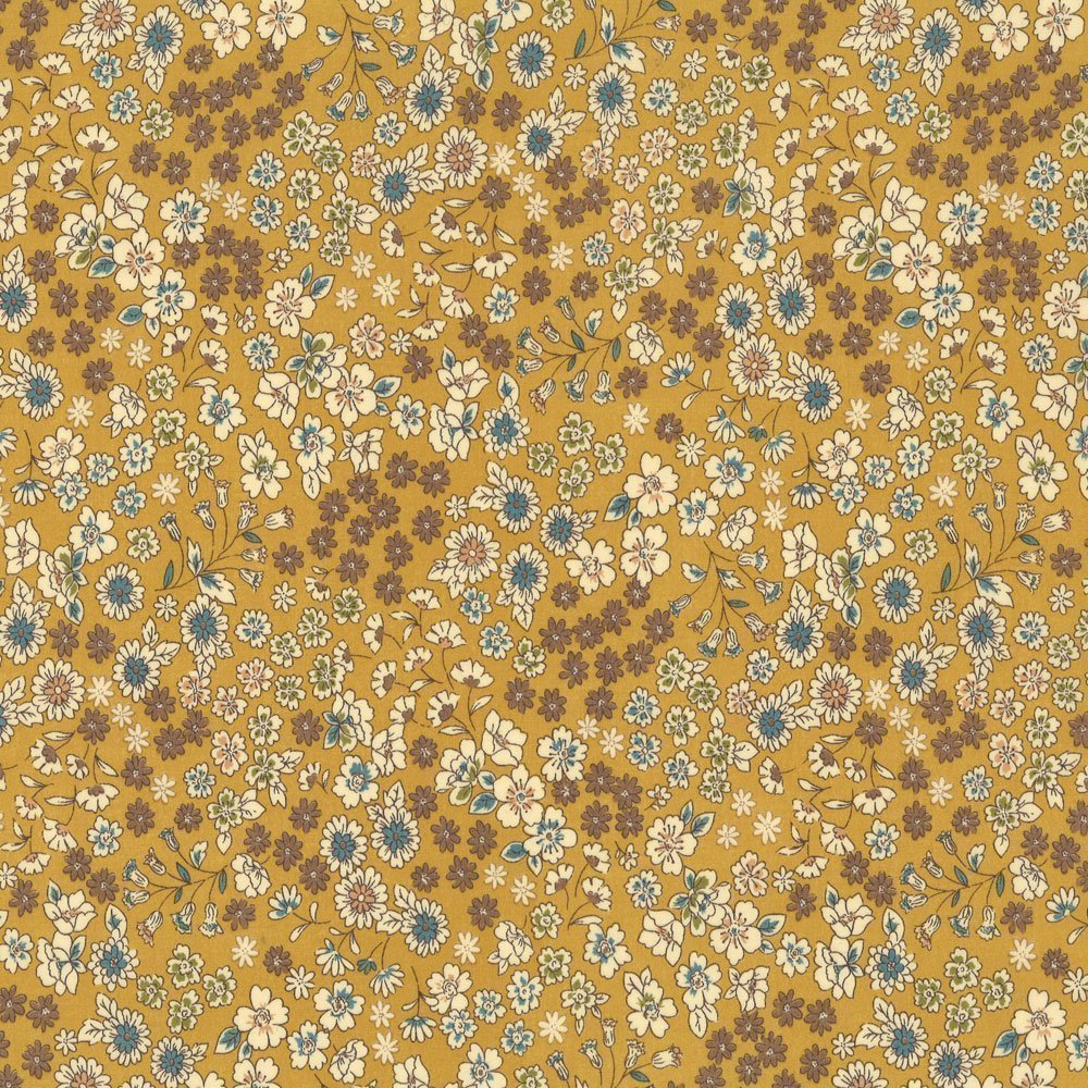 Tissu Coton Frou-Frou Fleuri N°22 Jaune moutarde et ecru