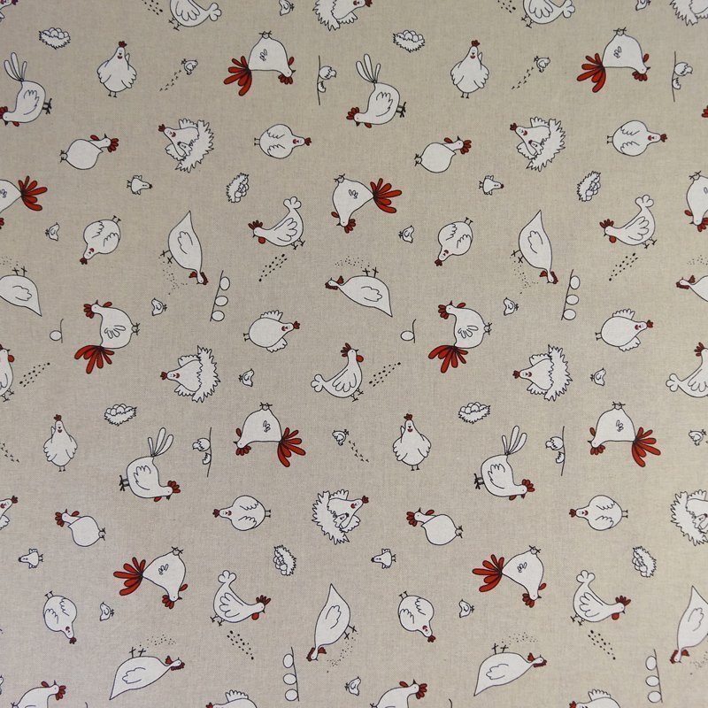 Tissu Toile Coton Beige Poules et oeufs