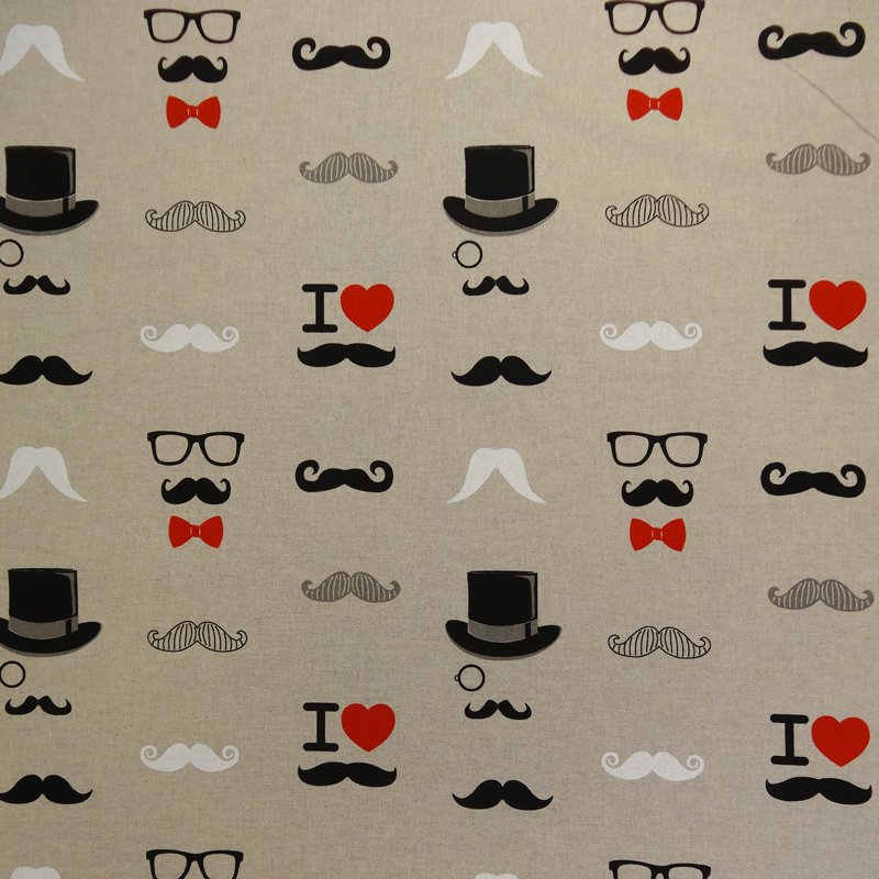 Tissu Toile Coton Beige Chapeaux, moustaches, lunettes