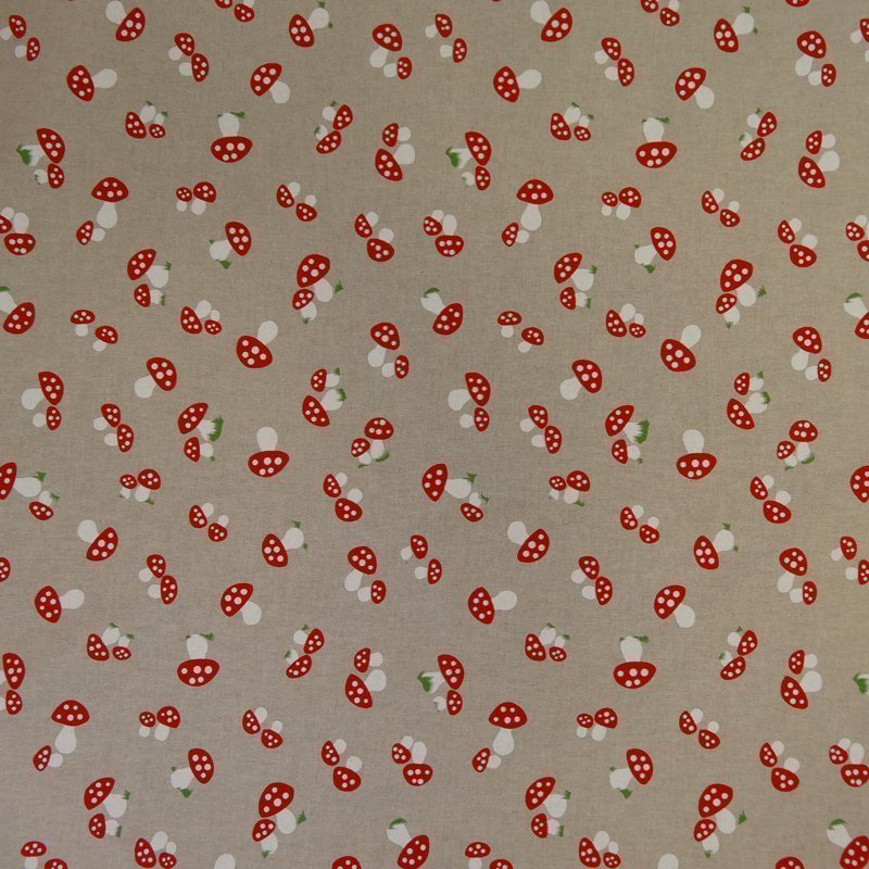 Tissu Toile Coton Beige Champignons Rouge