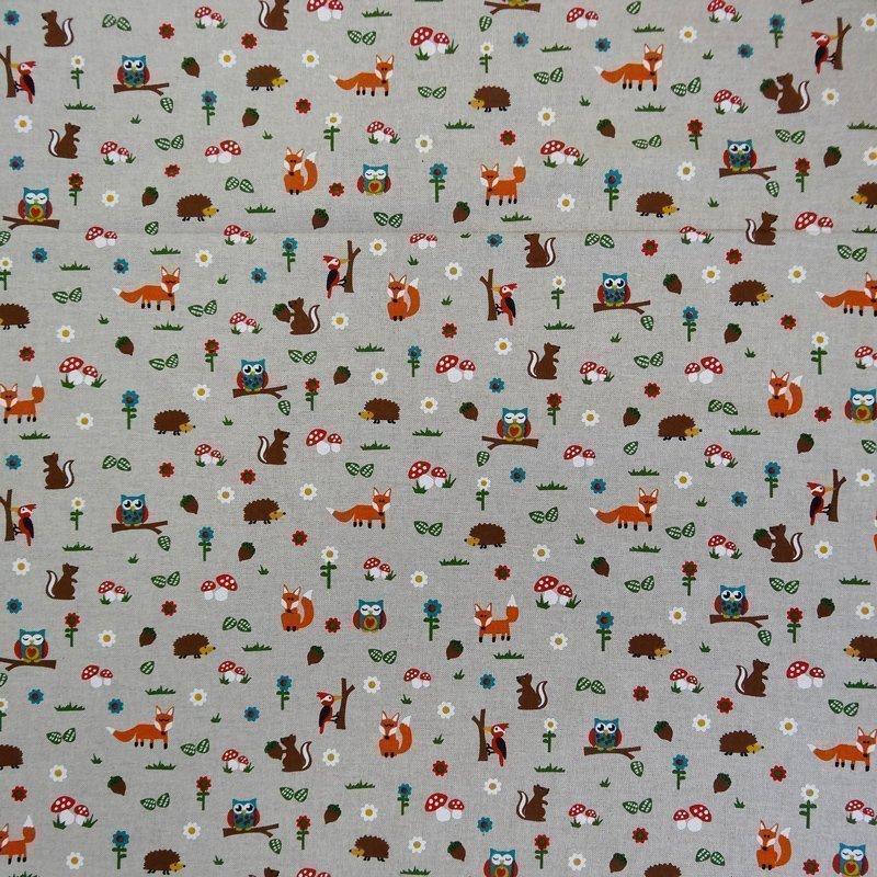 Tissu Toile Coton Beige Animaux et Champignons