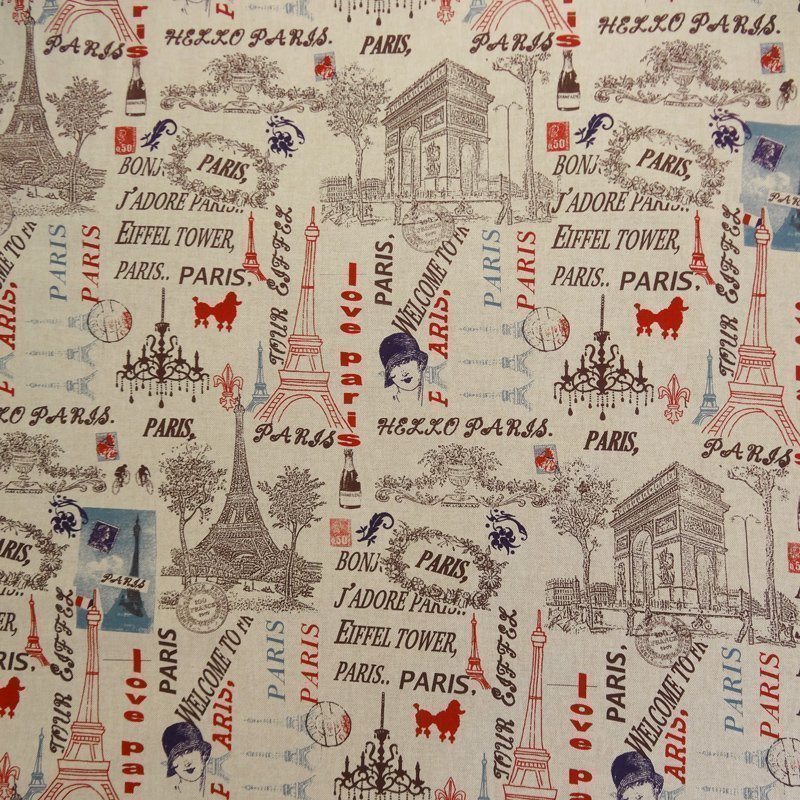 Tissu Toile Coton Beige Tour Eiffel-Paris Multicolore