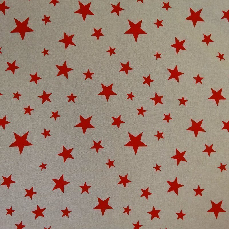 Tissu Toile Coton Beige Etoiles Rouge